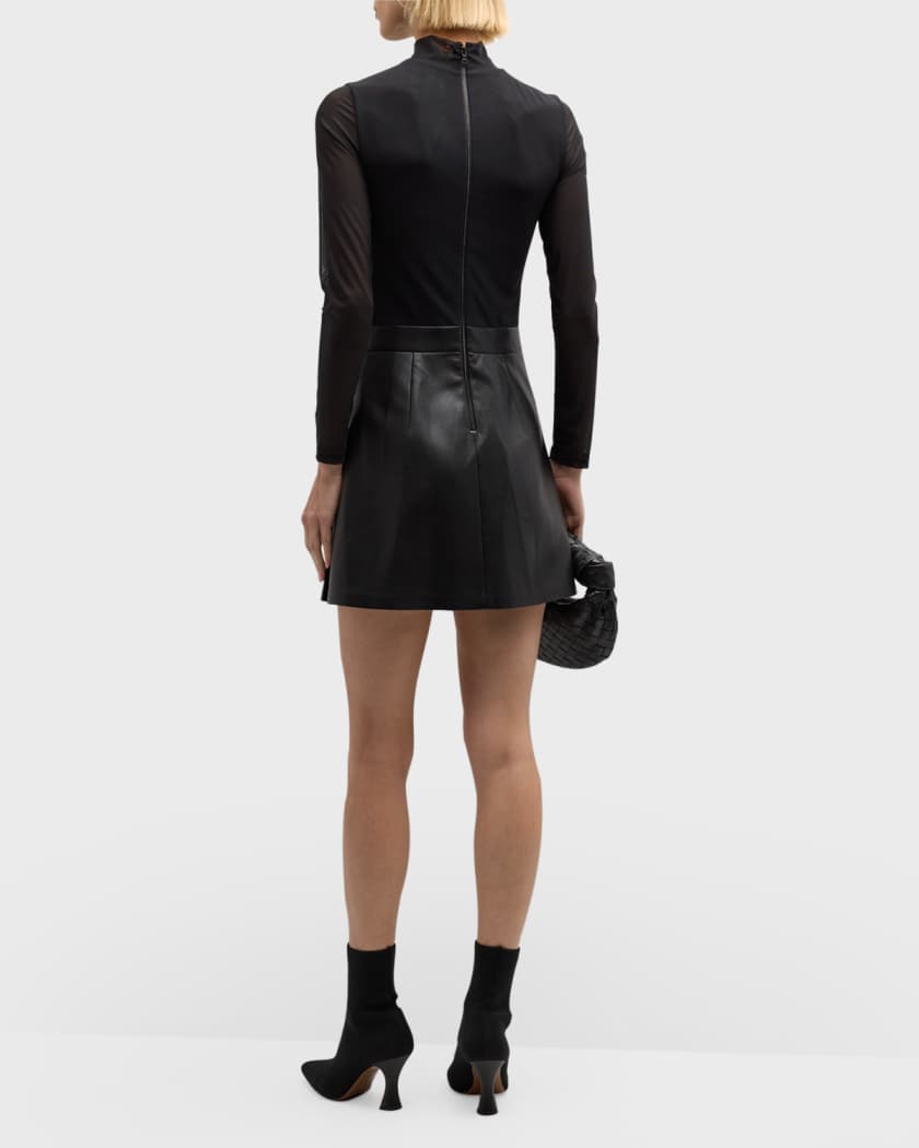 Chara Long-Sleeve Vegan Leather Pleated Mini Dress