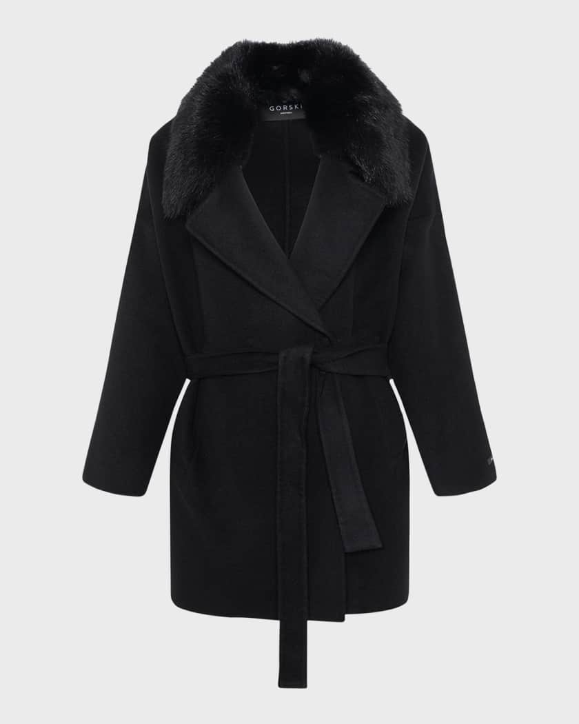 Wool-Cashmere Belted Jacket With Detachable Toscana Shearling Lamb Collar  Trim