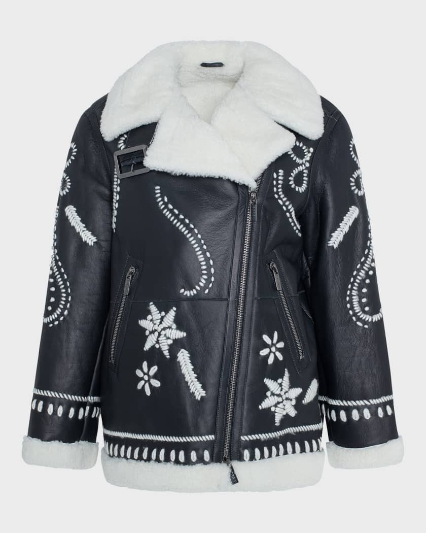 Wool Embroidered Lamb Shearling Moto Jacket