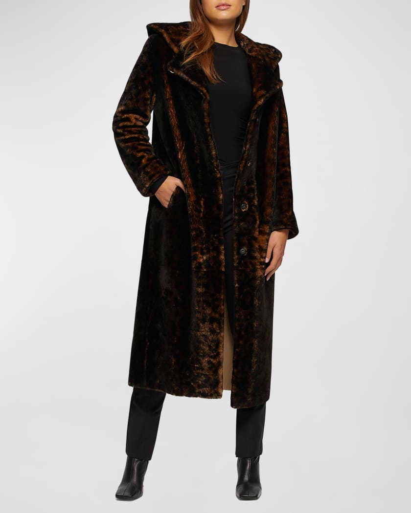 Gorski Belted Leopard-Print Lamb Shearling Hooded Long Coat