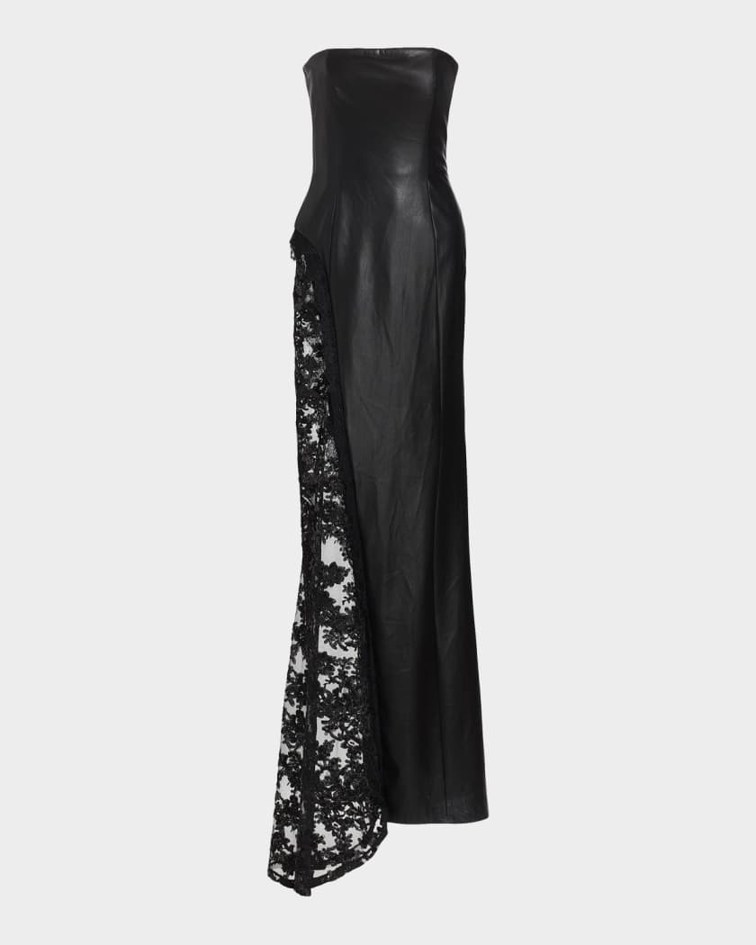 ALICE + OLIVIA Retha Strapless Vegan Leather Lace Maxi Dress | Neiman Marcus