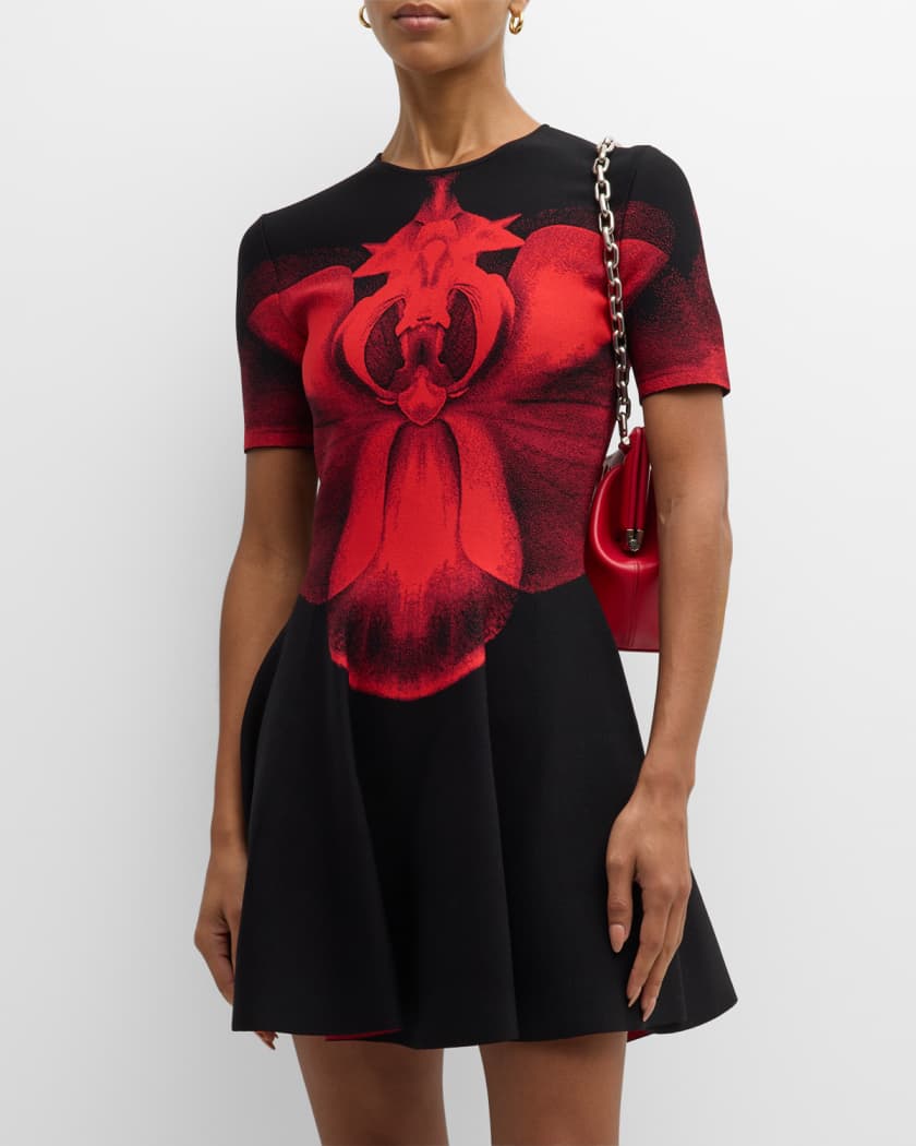 Alexander McQueen Flower Jacquard Short-Sleeve A-Line Mini Dress 