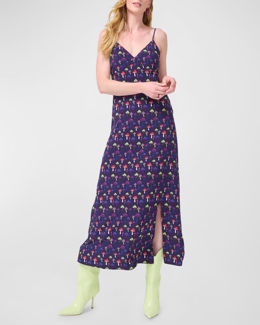 Navy Mushrooms V Neck Midi Dress
