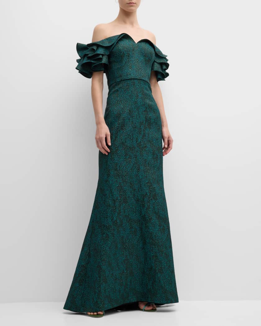 Rickie Freeman for Teri Jon Off Shoulder Flutter Sleeve Jacquard