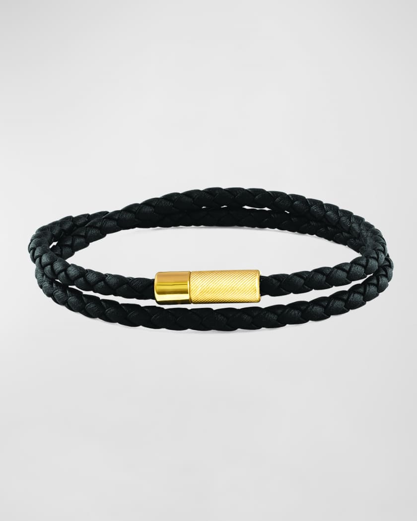 Men's Black Double Wrap Leather Bracelet with 18k Gold-Plated