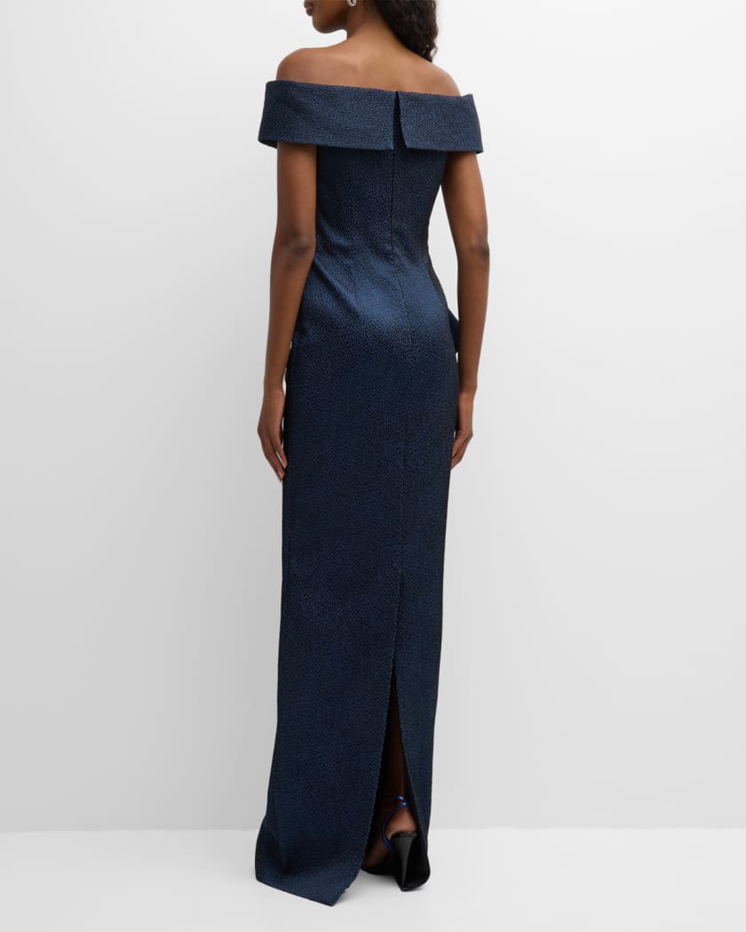 Rickie Freeman for Teri Jon Off Shoulder Ruffle Jacquard Column