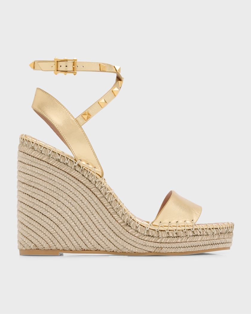 Rockstud Double leather wedge espadrilles