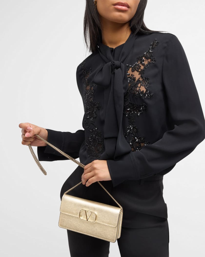 VLOGO Signature Metallic Leather Wallet on Chain
