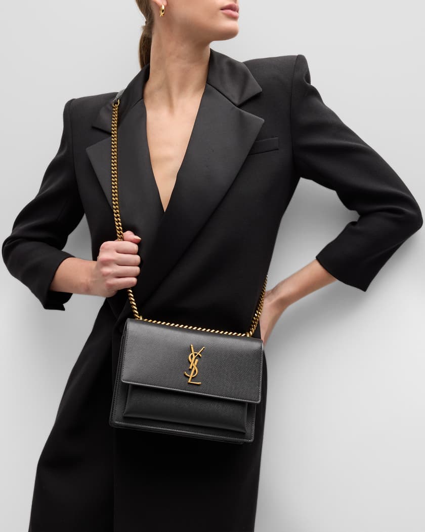 Saint+Laurent+Sunset+Shoulder+Bag+Medium+Black+Crocodile+Embossed+Leather+-+Gold+Hardware  for sale online