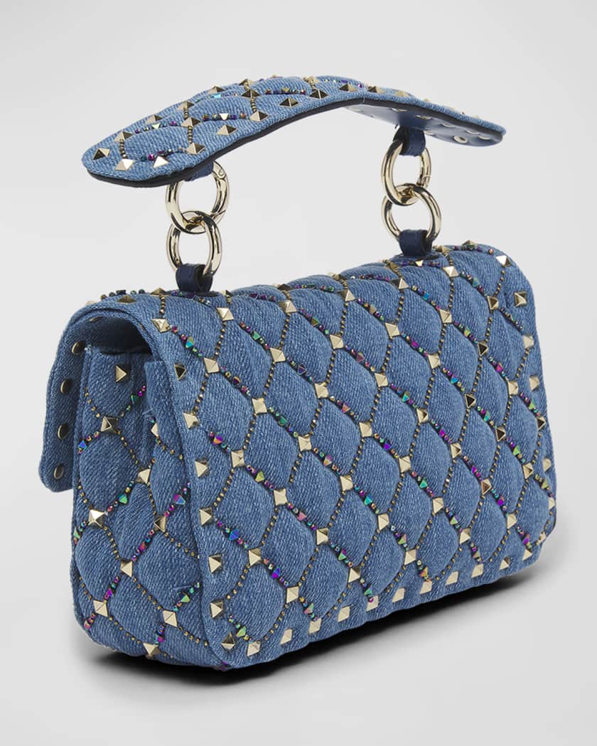 Valentino Garavani Small Locò Denim Shoulder Bag With Rhinestones in Blue