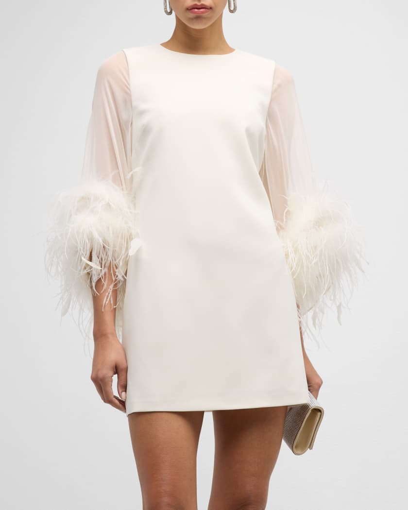 Silk Chiffon Mini Shirt Dress W/feathers