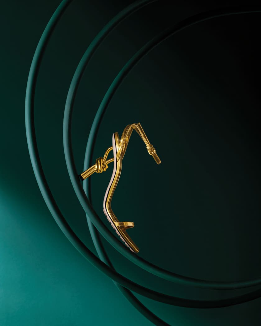 Metallic Knot-Heel Ankle-Strap Sandals