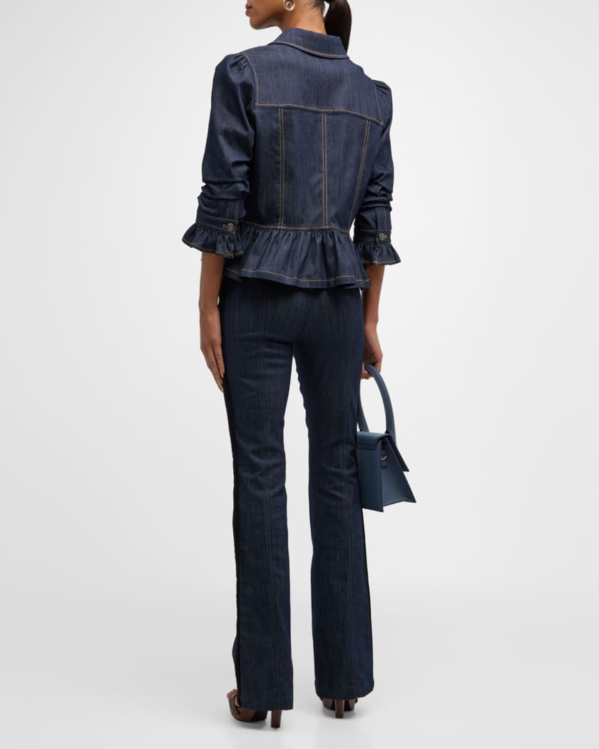 Delanie Scrunched-Sleeve Peplum Denim Jacket