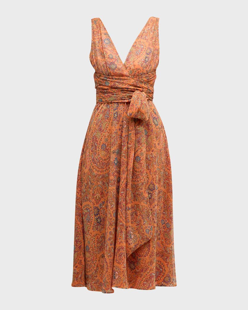 Floral Paisley Print Metallic Midi Wrap Dress