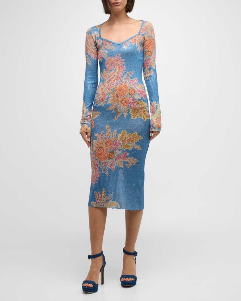 Etro Floral Bouquet-Print Sweetheart-Neck Rib Midi Dress