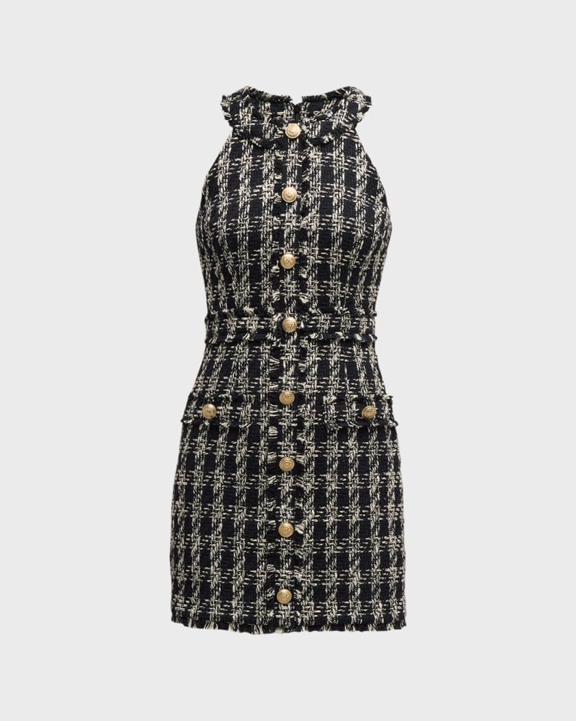L'agence - Jade Button Front Tweed Dress Black/Ivory Plaid Tweed / 8