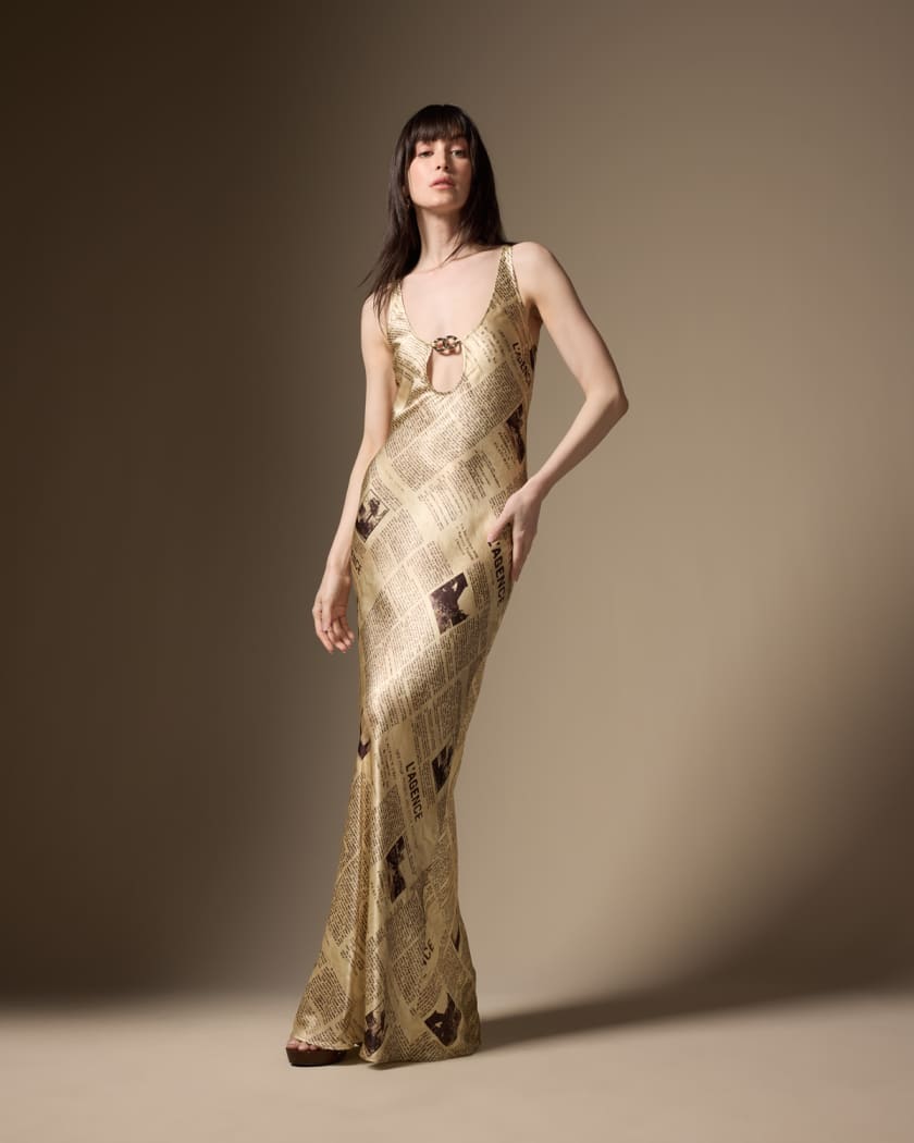 Yasmin Newspaper Printed Chain Cutout Gown