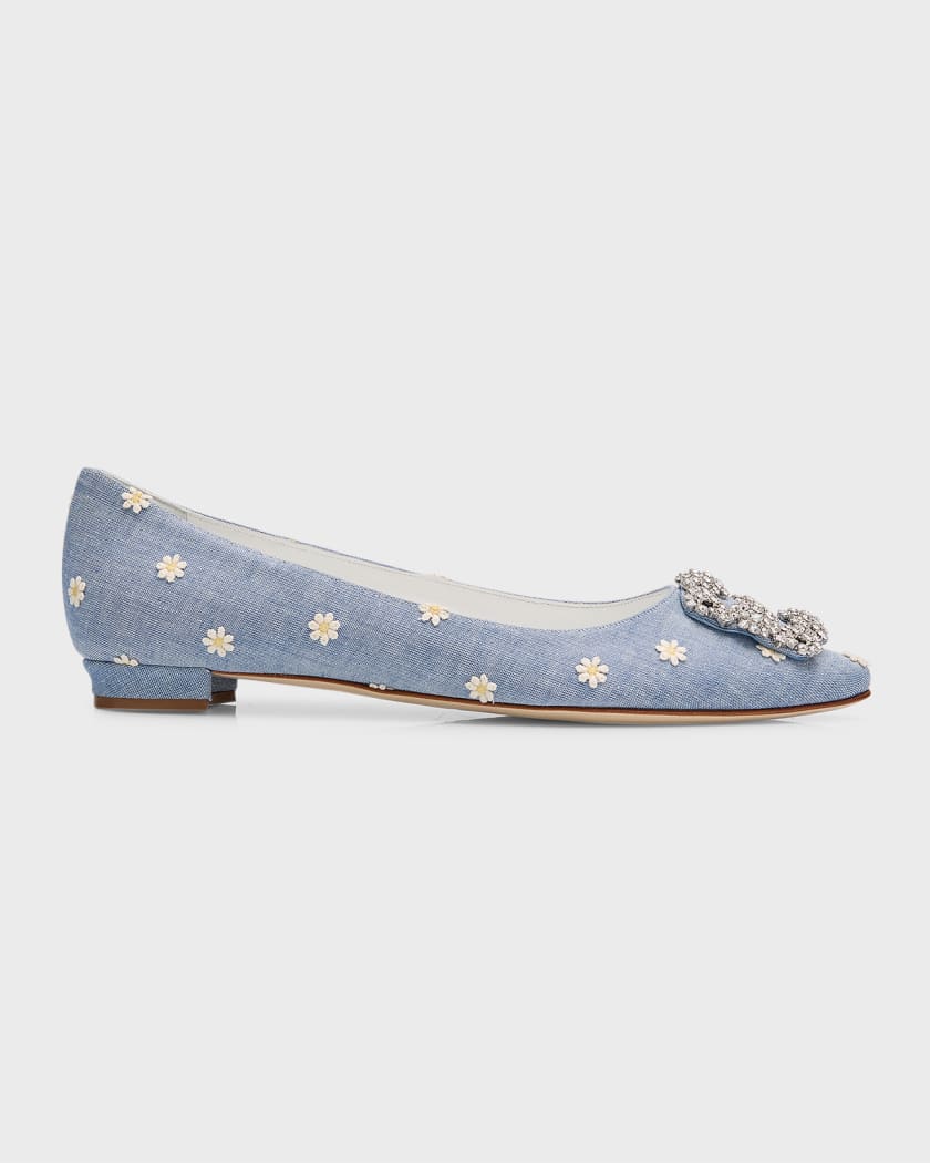Manolo Blahnik Hangisi Foral Buckle Ballerina Flats Neiman Marcus