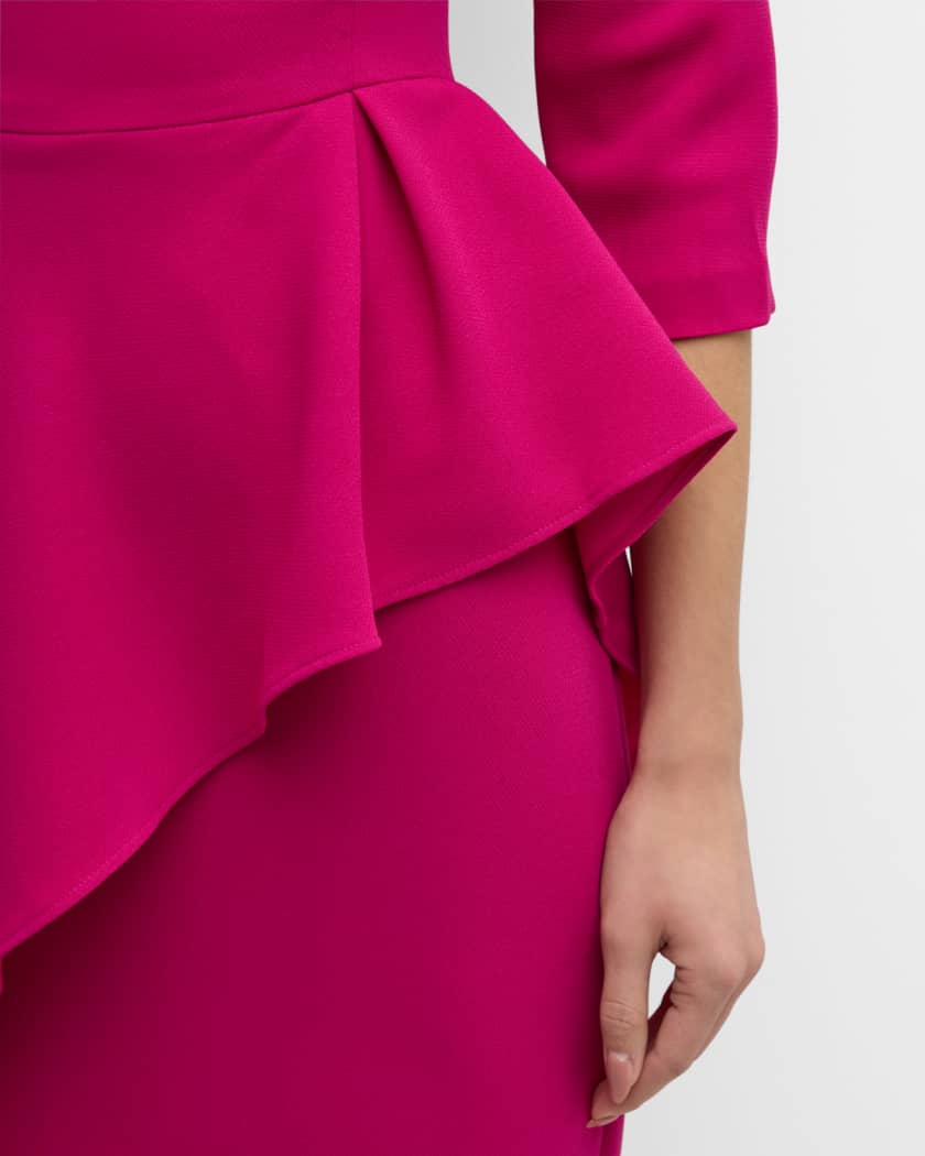 3 4 Sleeve Draped Peplum Crepe Midi Dress