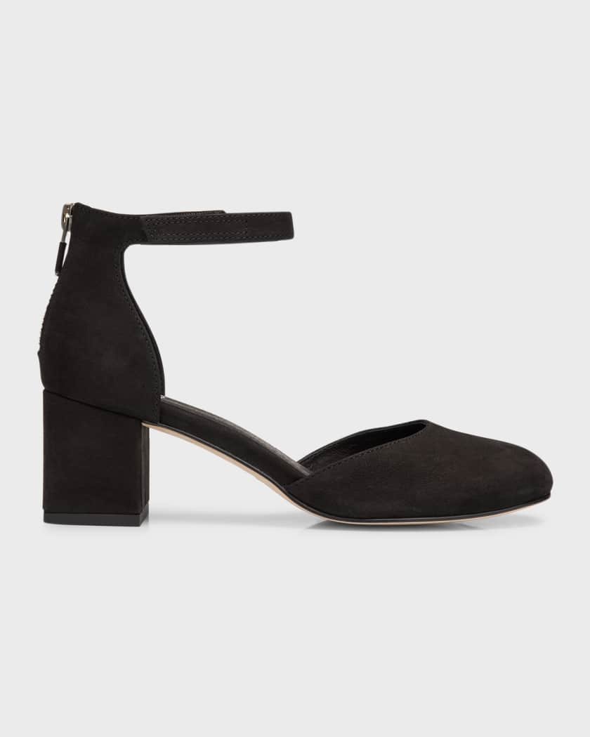 Pointed Toe Ankle Strap Block Heel Pumps - Black Suede