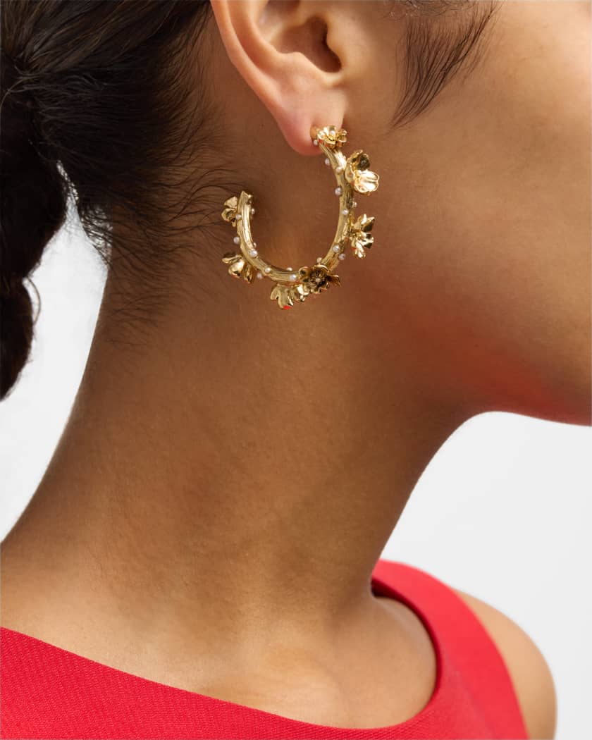 Oscar de la Renta Pearly Flower Hoop Earrings Neiman Marcus