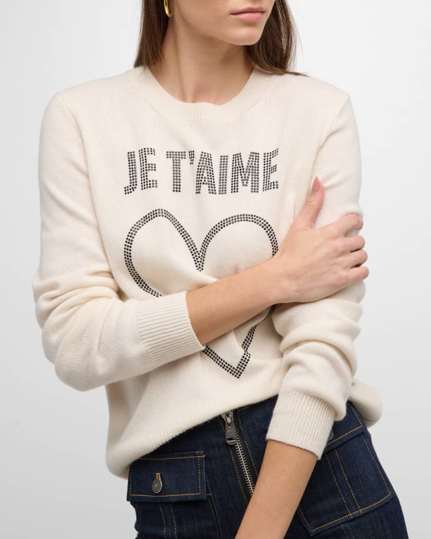 Cinq a Sept Rhinestone Je T Aime Smiling Heart Sweater Neiman Marcus
