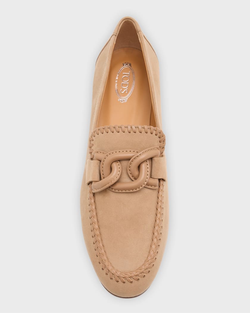 Suede Whipstitch Chain Slip On Loafers