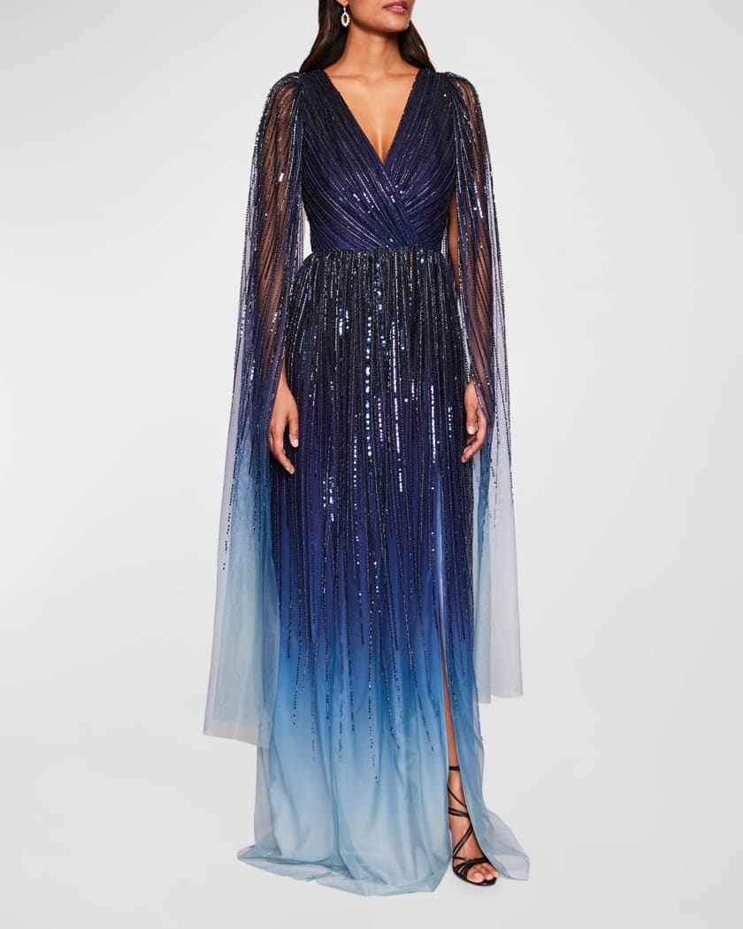 Cape Sleeve Bead Sequin Ombre Gown
