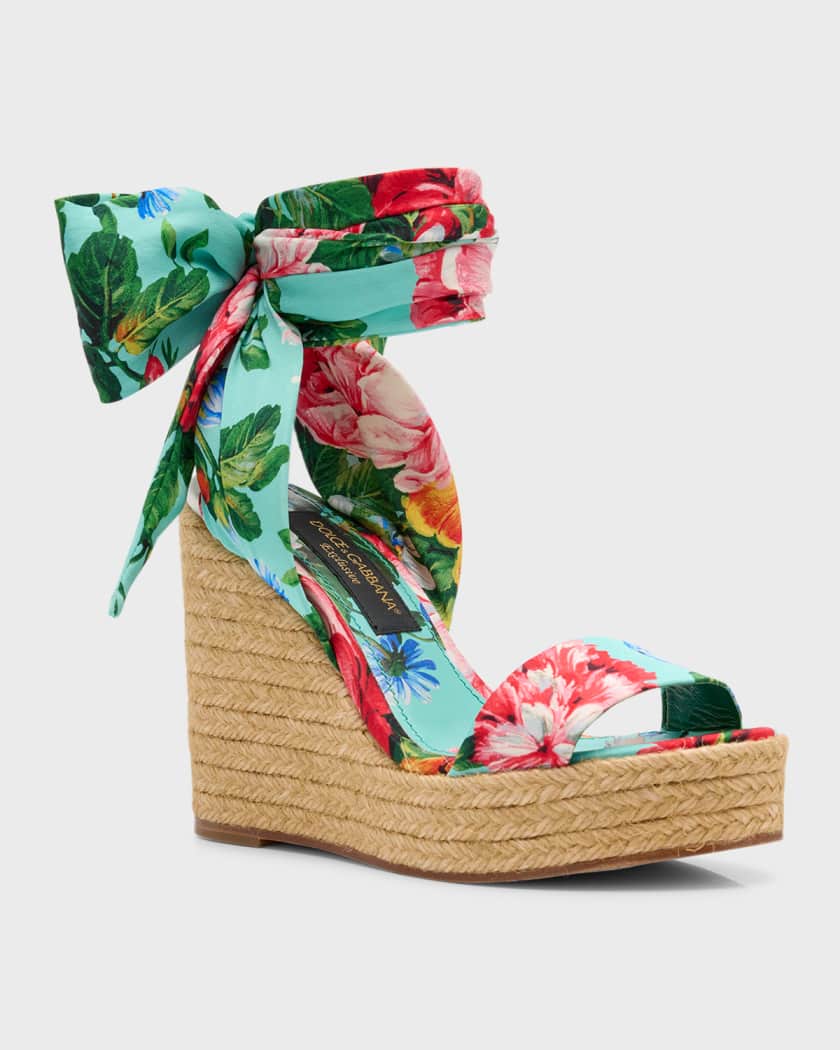 Dolce&Gabbana Floral Ankle-Wrap Wedge Espadrilles
