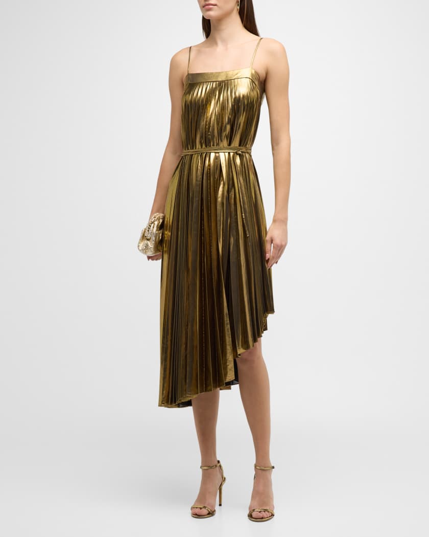 Irene Pleated Metallic High-Low Midi Dress