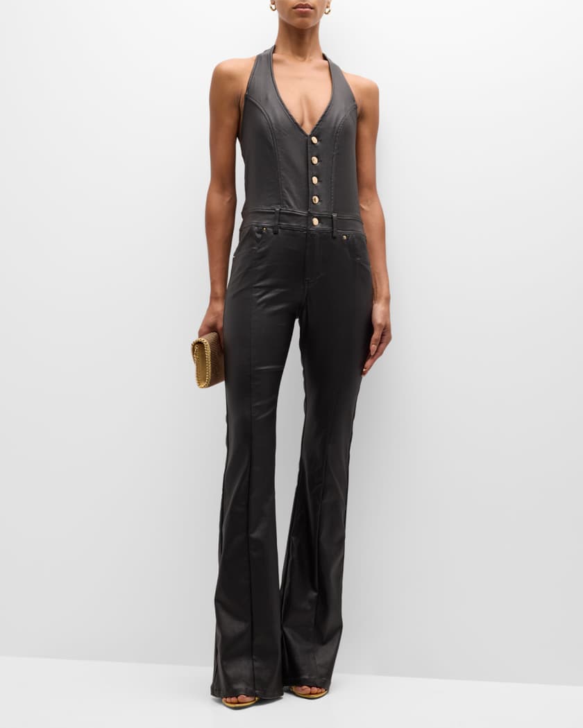 Cynthia Coated Denim Flared Halter Jumpsuit