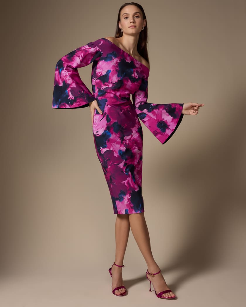 Off Shoulder Floral Print Bodycon Midi Dress