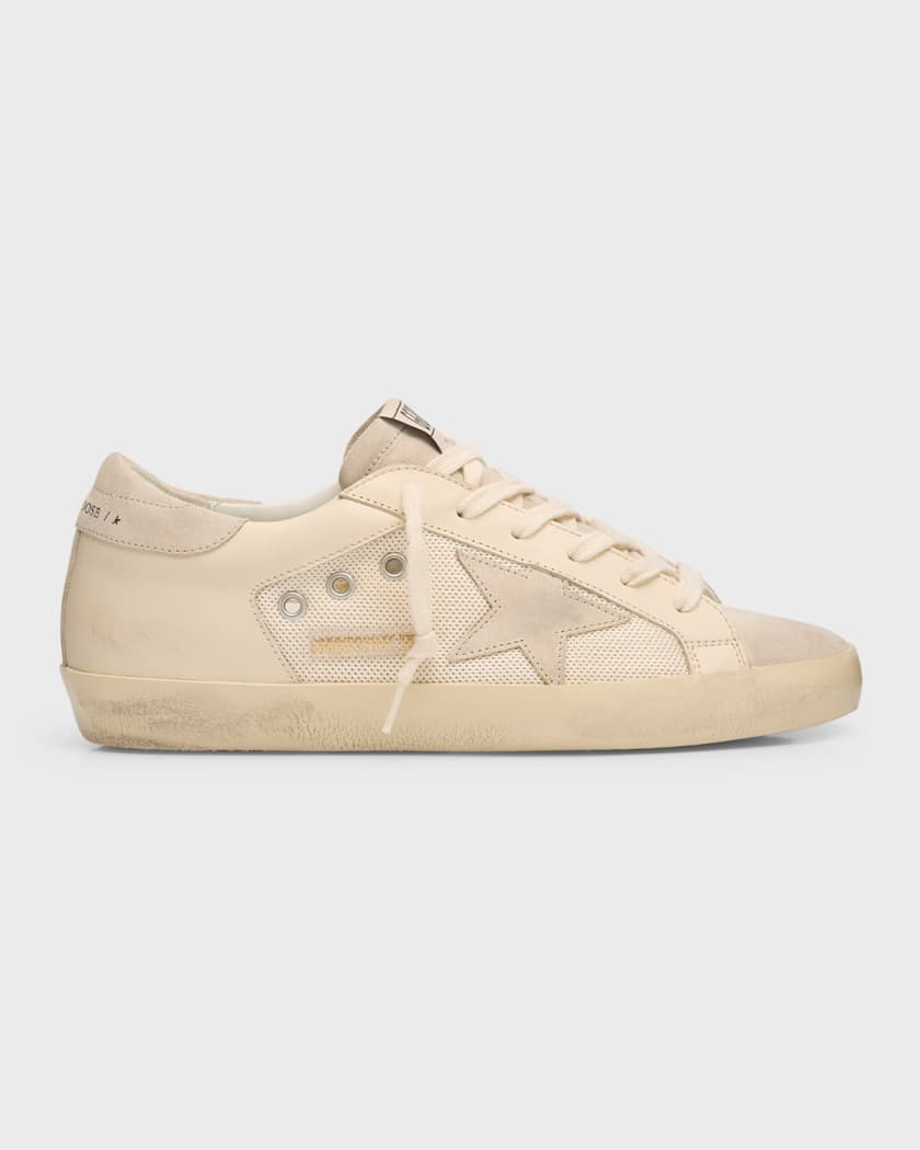 Superstar distressed leather and suede sneakers sale