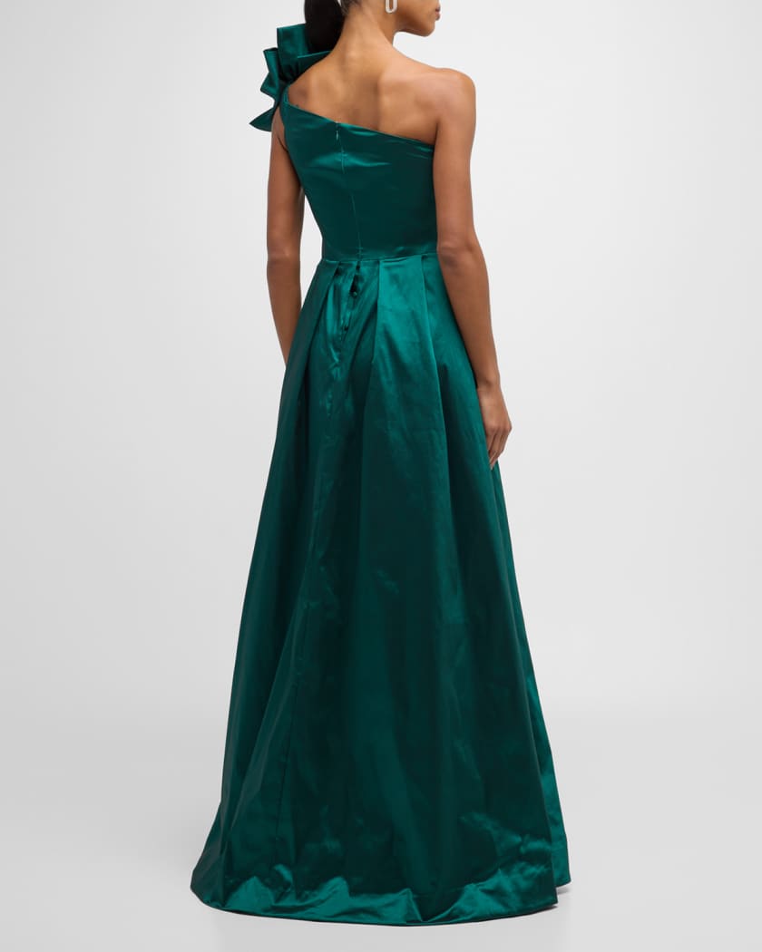 One Shoulder Pleated Stretch Taffeta Gown