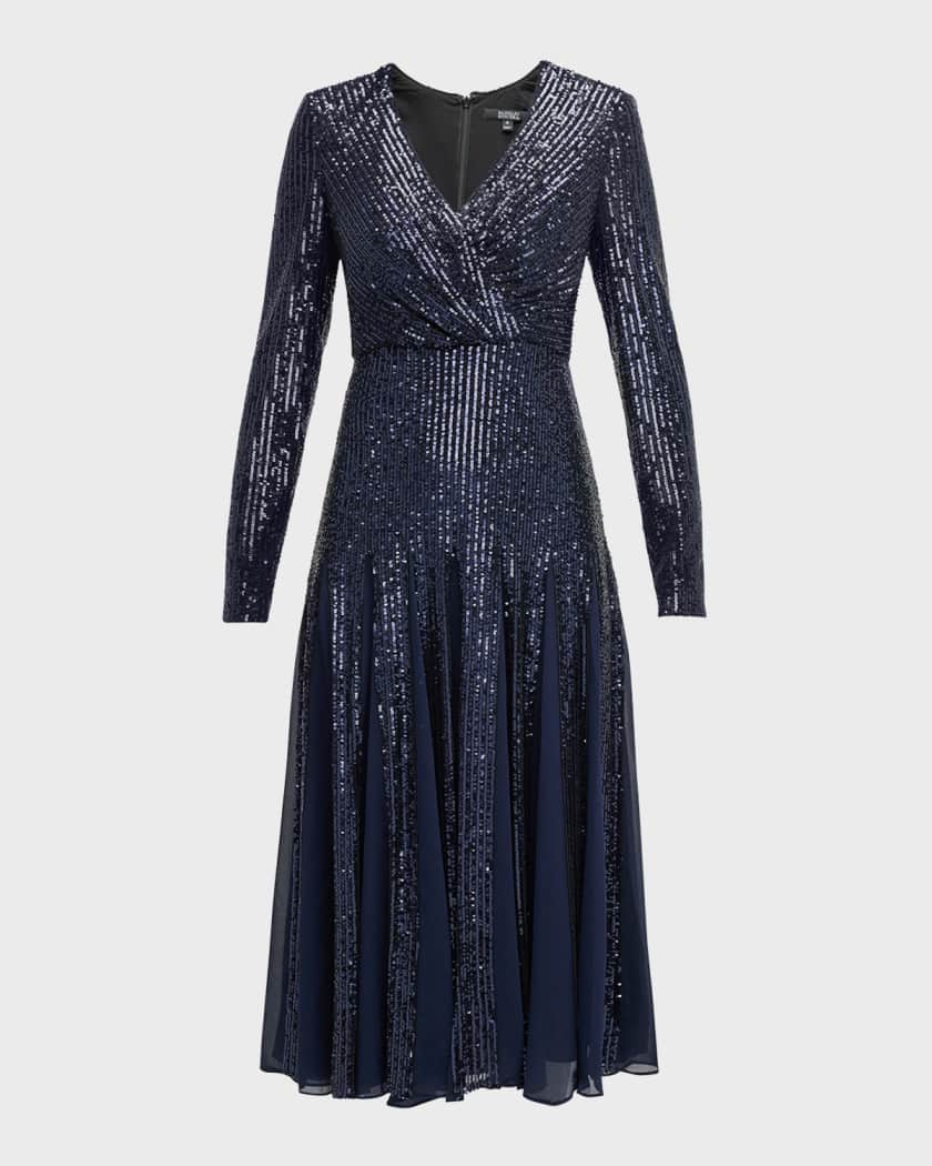 Empire Waist Surplice Neckline Sequin Long Sleeve Evening Dress