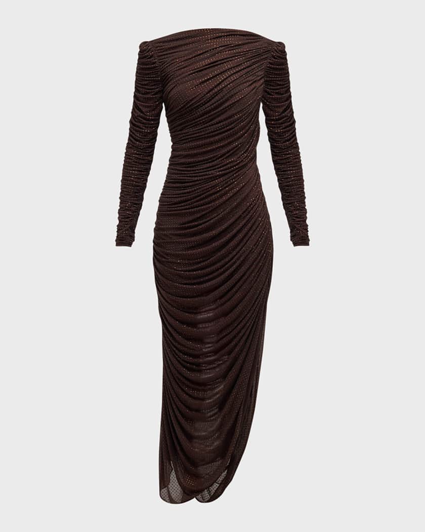 SIMKHAI Sanders Ruched Side Slit Rhinestone Maxi Dress Neiman Marcus