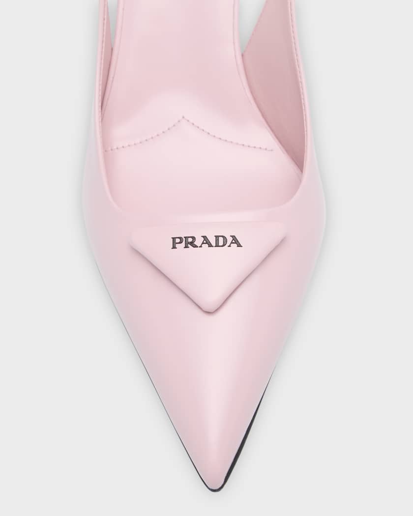 Prada Triangle Logo Cielo Blue Pointed Toe Slingback Pump Kitten Low Heel  37