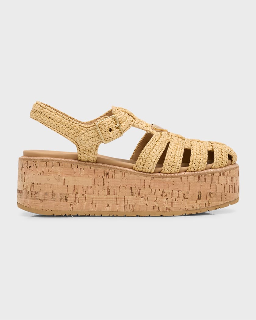 Prada Raffia Cork Platform Fisherman Sandals Neiman Marcus