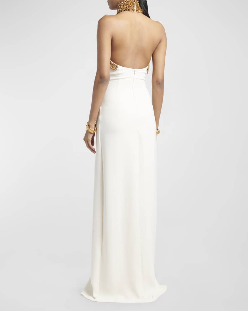 Embellished Mock-Neck Halter Slit-Hem Evening Gown
