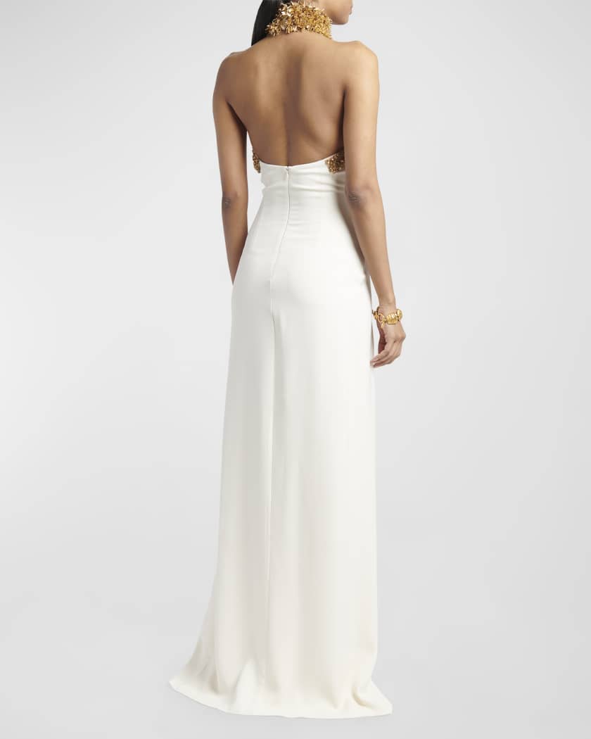 Embellished Mock-Neck Halter Slit-Hem Evening Gown