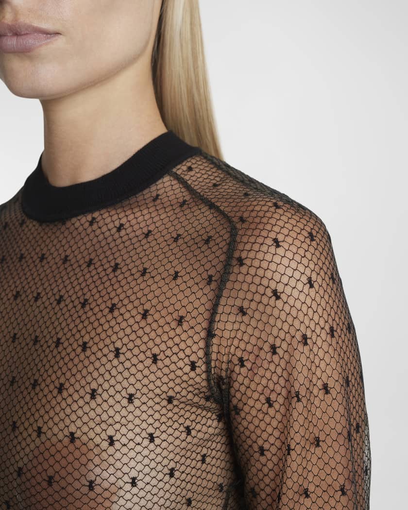 ALAIA Sheer Swiss Dot Tulle Crop Sweater | Neiman Marcus