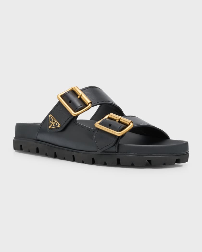 Leather Dual-Buckle Slide Sandals