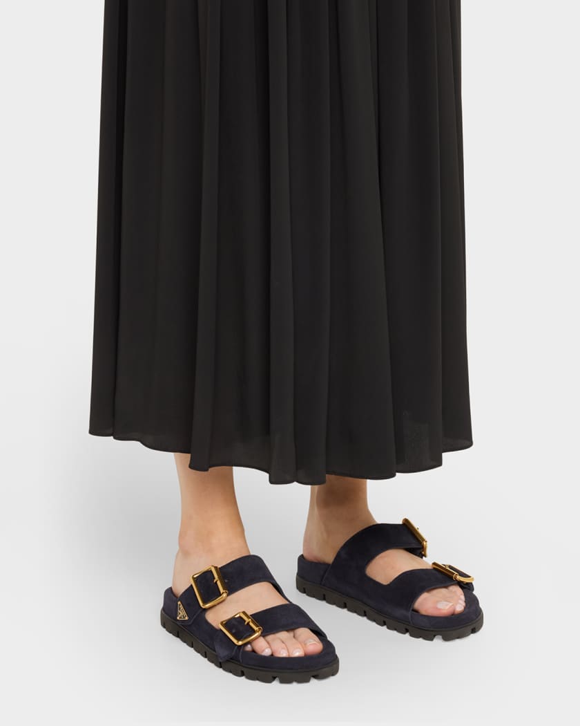 Suede Double-Buckle Slide Sandals