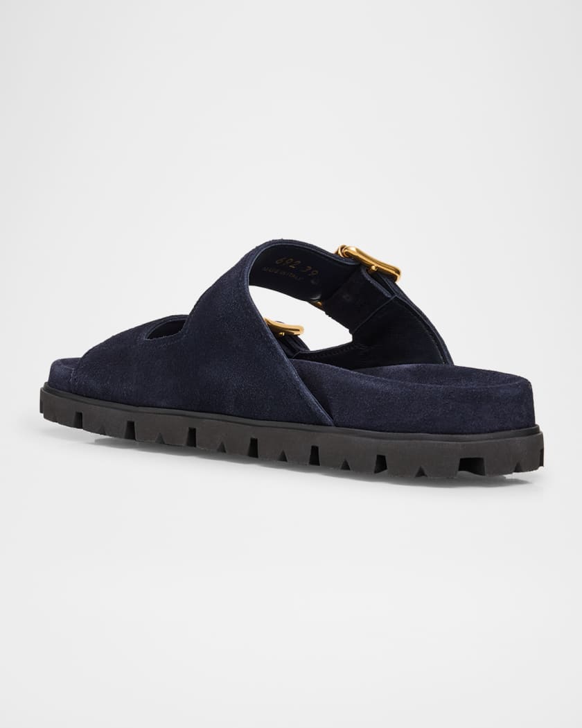 Suede Double-Buckle Slide Sandals