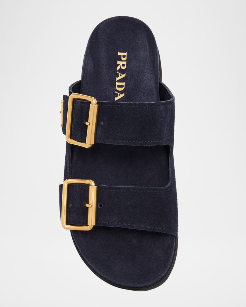Suede Double-Buckle Slide Sandals