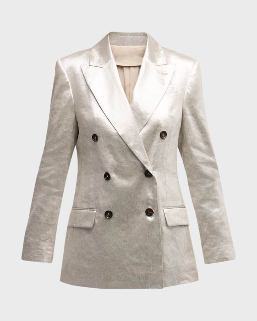 Brunello Cucinelli Metallic Linen Double-Breasted Blazer Jacket