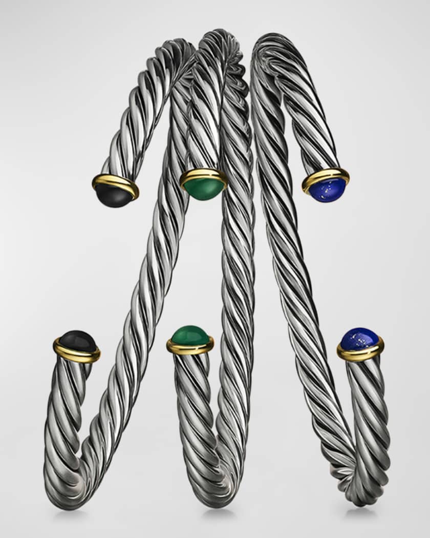 Men's Cable Flex Cuff Bracelet with Gemstone and 14K Gold in Silver