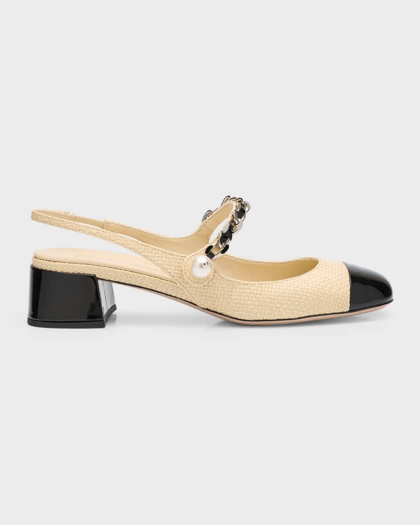 Bicolor Raffia Mary Jane Slingback Pumps