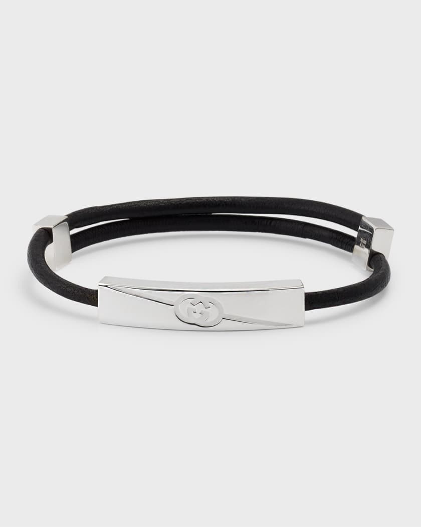 Diagonal Bracelet, Leather, Black, Stainless steel