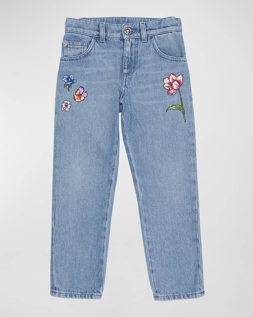 Girl's Embroidered Flowers Denim Jeans | Neiman Marcus